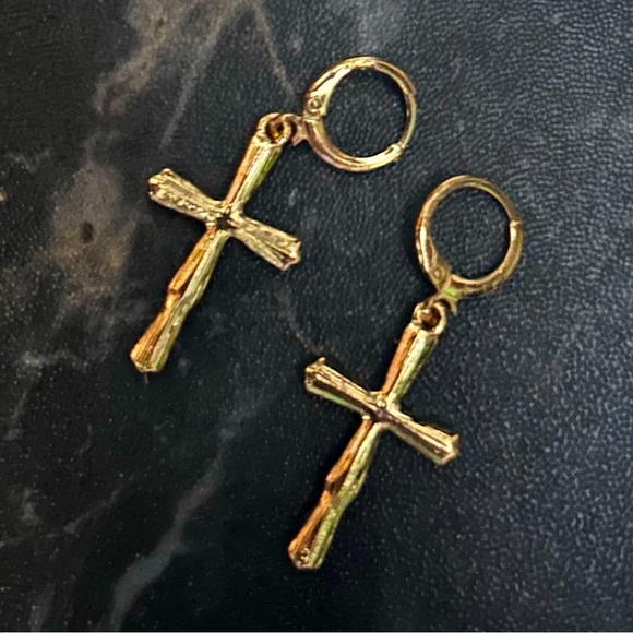 Gold Tone & Crystal Cross Earrings - Picture 5 of 5